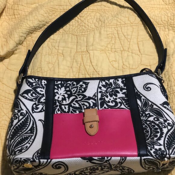 Spartina 449 Canvas Natural Linen Genuine Leather Purse Footed Bottom Black Hand - Picture 1 of 8